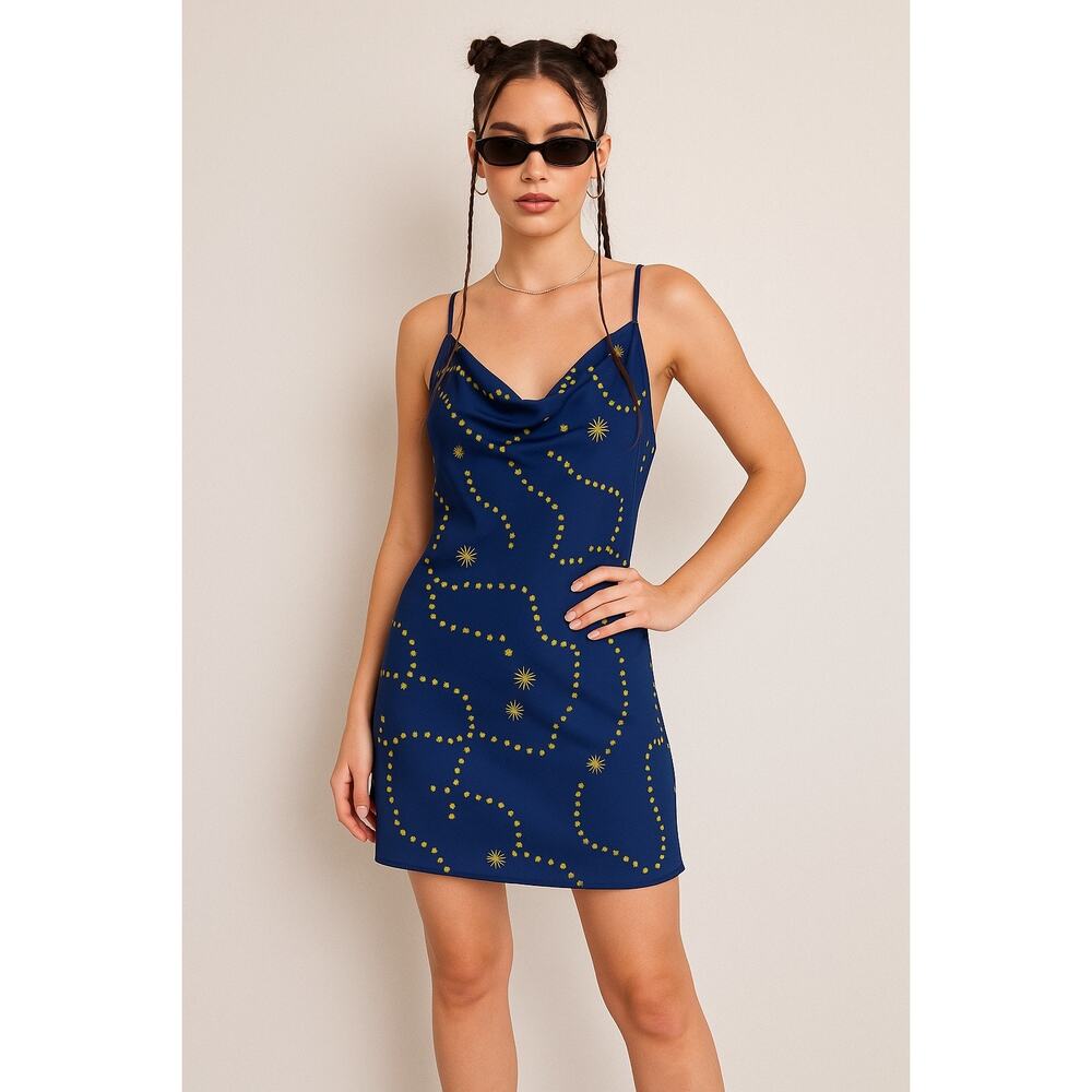 Celestial Star Print Draped Cowl Neck Slip Dress Y2K Cosmic Constellation Stars